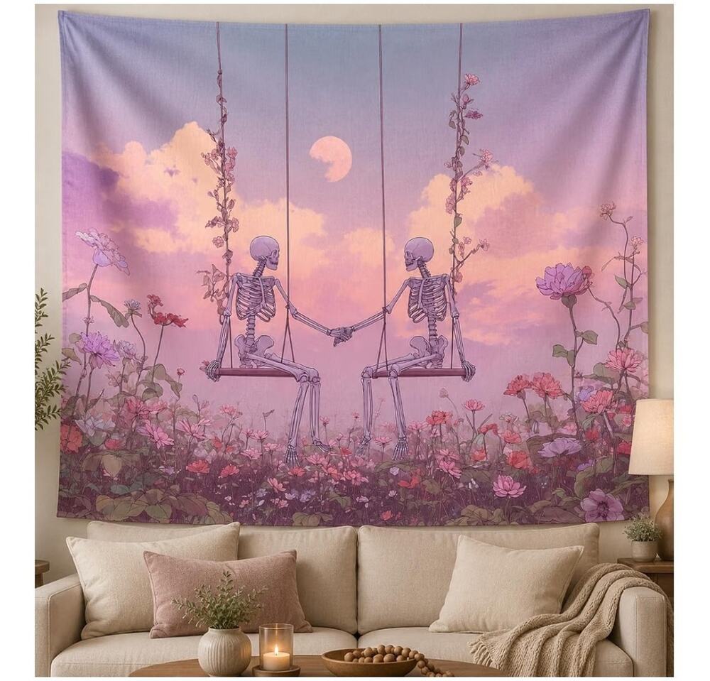 Pink Skeleton Lovers Tapestry Goth Coquette Aesthetic 50x60 Couple on Swing Moon